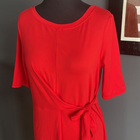 Cuddl Duds cherry red stretch jersey knit crew neck side waist tie midi. XS. - Picture 2 of 6